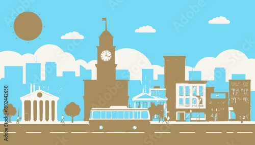 Simplified city scene with buildings, clock tower, bus, road, people, sun, and clouds
