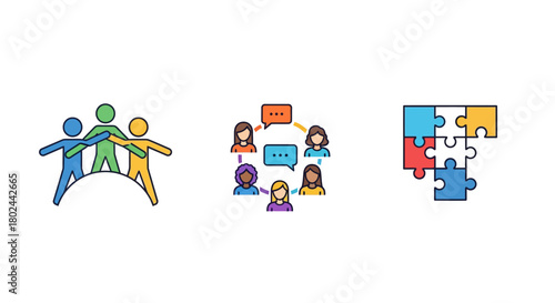 Teamwork and communication icons reflecting collaboration and puzzle concept