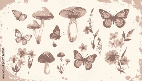 A sepia-toned illustration featuring butterflies, mushrooms, flowers, and foliage against a grungy background