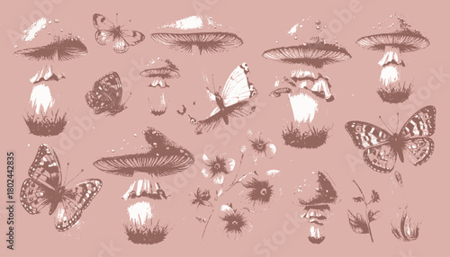 Illustration of stylized mushrooms, butterflies, and flowers on a muted pink background