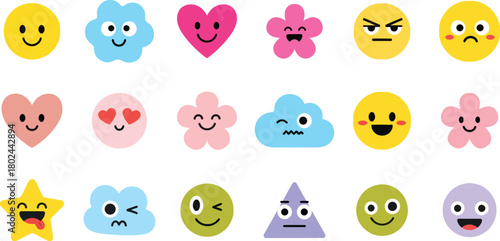 Collection of cute cartoon characters with different emotions and faces