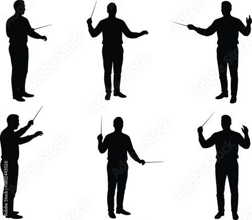 Conductor silhouette with baton, orchestra leader, music director, symphony performance, maestro conducting gestures, classical music art, vector illustration, stock design