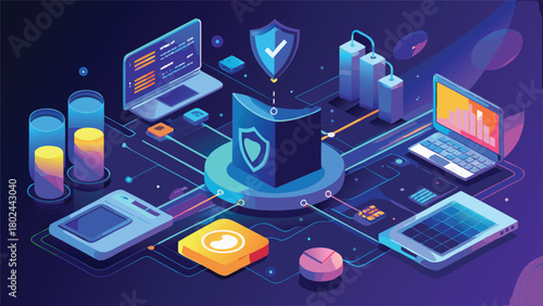 Visual representation of Android application development featuring isometric design elements for a contemporary user experience..eps