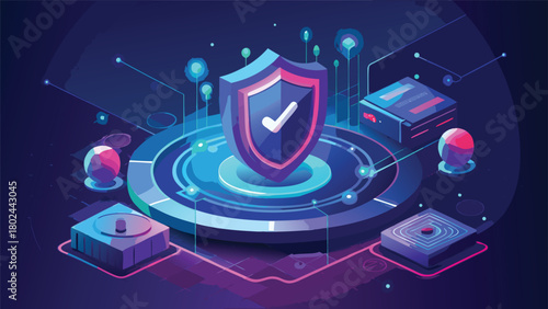 A shield featuring a check mark alongside a computer screen, symbolizing security and verification in digital environments..eps