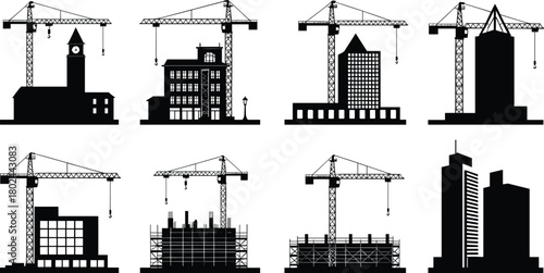 Construction crane, building silhouette, skyscraper, office tower, urban skyline, architecture, infrastructure, industrial, development, high rise, cityscape, engineering, landmark, construction