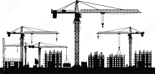 Construction site silhouette with tower cranes, urban building development, industrial skyline, scaffolding structures, heavy machinery, city growth, infrastructure progress, architecture