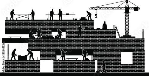 Construction site silhouette, workers on scaffolding, crane lifting, building structure, teamwork, labor force, industrial architecture, safety helmets, engineering project, urban development