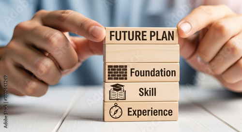 Future plan concept with wooden blocks representing foundation, skill and experience