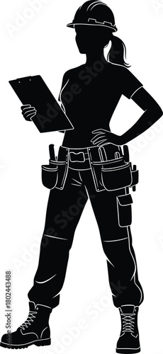 Construction worker silhouette, hard hat safety, clipboard inspection, tool belt equipment, engineering professional, industrial labor, skilled trades, workforce, occupation, building industry,