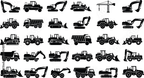 Construction vehicles, heavy equipment, excavator, bulldozer, dump truck, crane, loader, backhoe, industrial machinery, silhouette icons, construction site, engineering tools