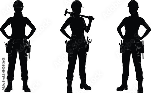 Construction worker silhouettes, industrial labor team, hard hat safety gear, tool belt equipment, hammer, teamwork, building industry, engineering workforce, skilled trades, occupation