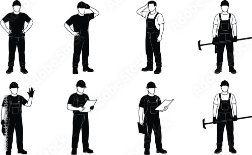 Construction worker silhouettes, industrial labor, hard hat, workwear, overalls, hammer, blueprint, safety equipment, manual labor, construction site, worker icons, occupational safety, building