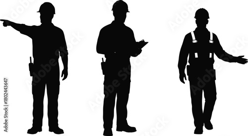 Construction worker silhouettes, industrial labor, hard hat, workwear, safety equipment, blueprint reading, site supervision, engineering design, occupational safety, teamwork, construction site,