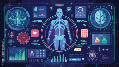 Digital image of a human body with highlighted medical data and annotations for anatomical education..eps
