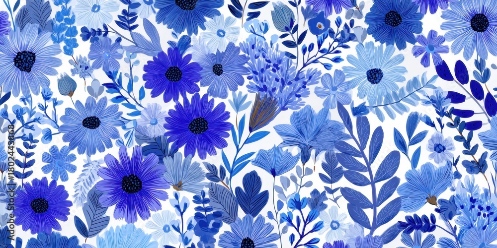 Fototapeta premium Vibrant floral pattern featuring various blue flowers and leaves, creating a harmonious and artistic design suitable for backgrounds and textile applications