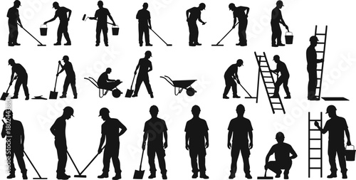 Construction workers silhouette, manual labor tasks, industrial workforce, building maintenance, construction site activity, diverse job functions, 