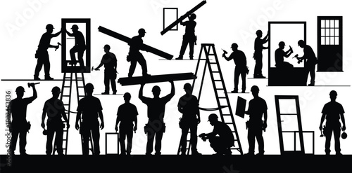Construction workers silhouettes, building site teamwork, industrial labor illustration, safety helmet gear, engineering tools, teamwork occupation design, contractor workforce, architecture