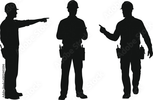 Construction workers silhouettes, hard hats, tool belts, teamwork, pointing, walking, standing, industrial labor, safety, communication, job site, engineering, architecture, building,