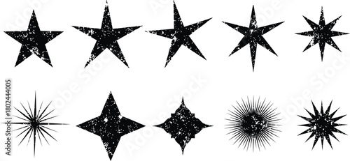 Collection of distressed black star shapes with grunge texture