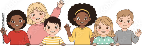 Diverse children illustration, happy kids group, multicultural boys and girls, smiling cartoon characters, inclusive education concept, unity, friendship, diversity, teamwork, childhood joy