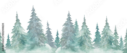 Watercolor winter forest border featuring hand-painted evergreen trees in soft teal and blue tones. Seamless horizontal landscape ideal for Christmas designs. Vector EPS.