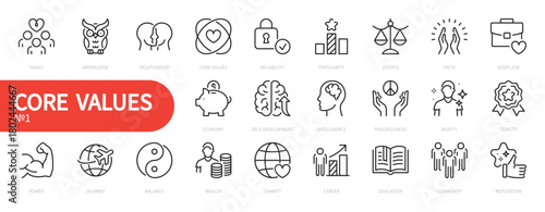Core values icon set. Family, knowledge, relationship, justice, faith, reputation, career, education, community,  quality, good job, economy, beauty, power, etc. Vector illustration. Editable stroke.