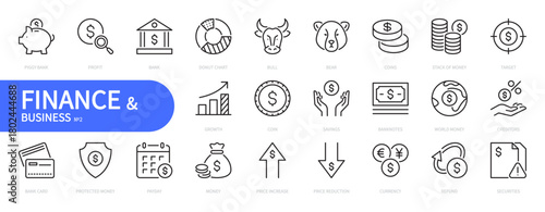 Finance & business icon set. Piggy bank, profit, coin, savings, banknotes, currency, refund, savings, banknotes, world money, bull, bear, donut chart, price etc. Vector illustration. Editable stroke. 