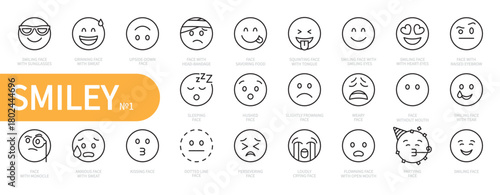 Emoji & smiley icon set. Emotion, smile, emoticon, smiling, sunglasses, sleeping, heart-eyes, weary, kissing, upside-down, loudly crying, partying face, etc. Vector illustration. Editable stroke.