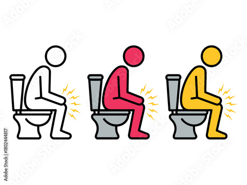 Three figures representing different stages of discomfort while sitting on a toilet.