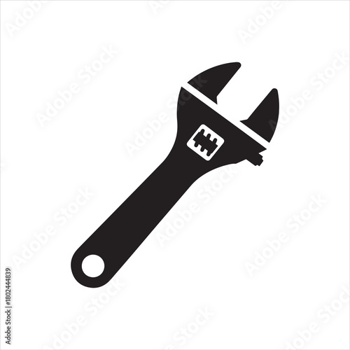Adjustable Spanner or Crescent Wrench Vector Icon Black Silhouette Isolated on White Background