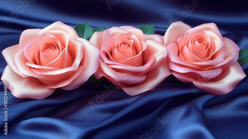 Three delicate pink roses sit gracefully on smooth blue fabric, creating a serene scene