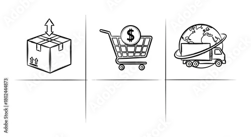 E-commerce and logistics icons: shipping, shopping cart, global delivery