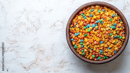 Brightly colored cereal fills a wooden bowl, ready to start the day with vibrant energy