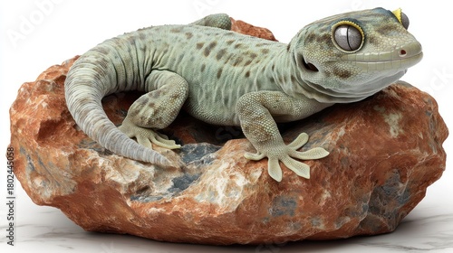 A vibrant lizard lounges peacefully on a large rock in a tranquil environment