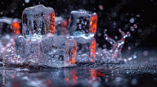 Melting ice cubes splash droplets, creating a mesmerizing display