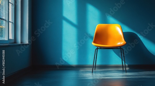 A bright orange chair sits in solitude, casting shadows in a serene turquoise room