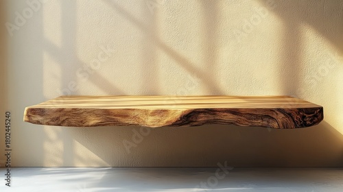 A natural wood shelf rests against a smooth wall, creating an inviting, airy space