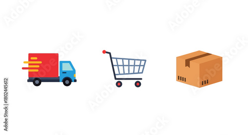 Colorful ecommerce icons: delivery truck, shopping cart, cardboard box