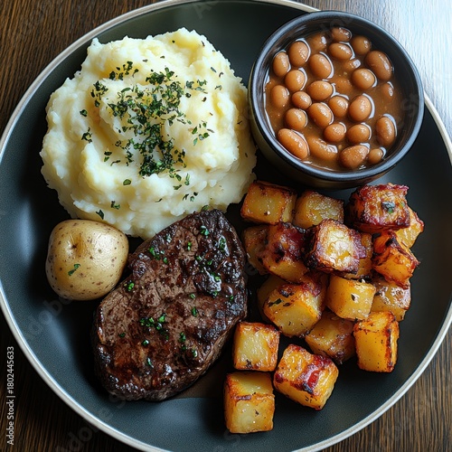 A flavorful dish with grilled steak, fluffy mashed potatoes, and hearty baked beans