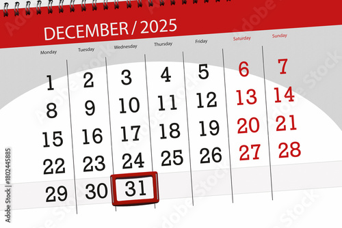 Calendar 2025, deadline, day, month, page, organizer, date, December, wednesday, number 31