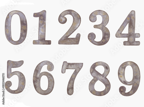 Hand painted watercolor Violet numbers 0-9 isolated on a white background.