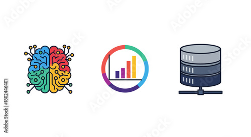 Colorful brain, analytics chart, and database icon set for technology design