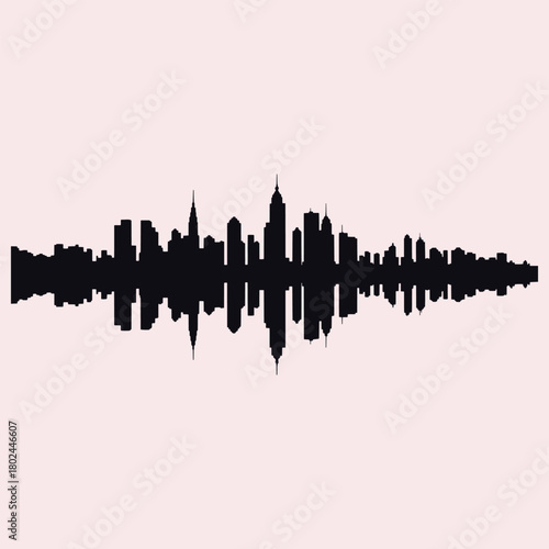 Dark silhouette skyline of tall buildings reflected on a light pink background city architecture