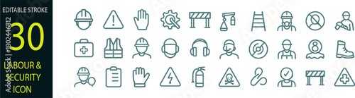 Labor protection and safety line icon set. Containing Insurance, Fire exit, Notification, Safety signs, Overalls and more. Editable stroke. Vector illustration 