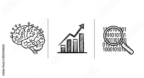 Hand drawn concept of brain, growth chart, and binary data analysis