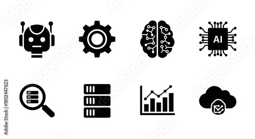 Artificial intelligence and technology icons set for modern digital applications