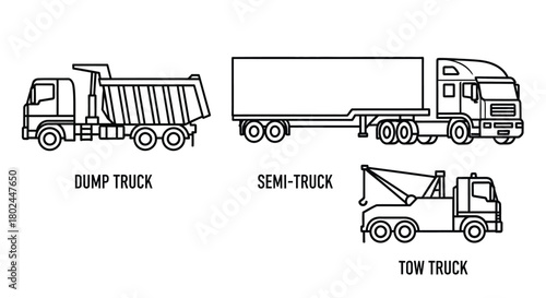Line art illustration depicting a dump truck semi truck and tow truck