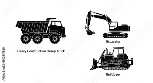 Heavy construction machinery dump truck excavator and bulldozer silhouettes
