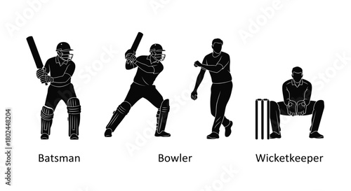 Silhouette illustrations of cricket players in action batsman bowler and wicketkeeper