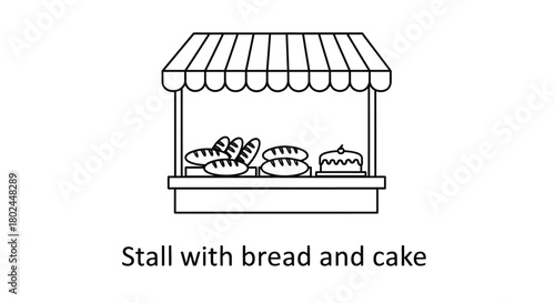 Simple line drawing of a market stall displaying bread and baked goods